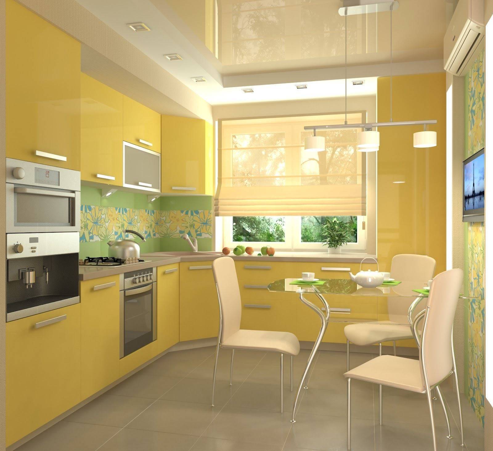 Дизайн маленькой кухни в желтом цвете: сочетание черного, белого и серого цветов