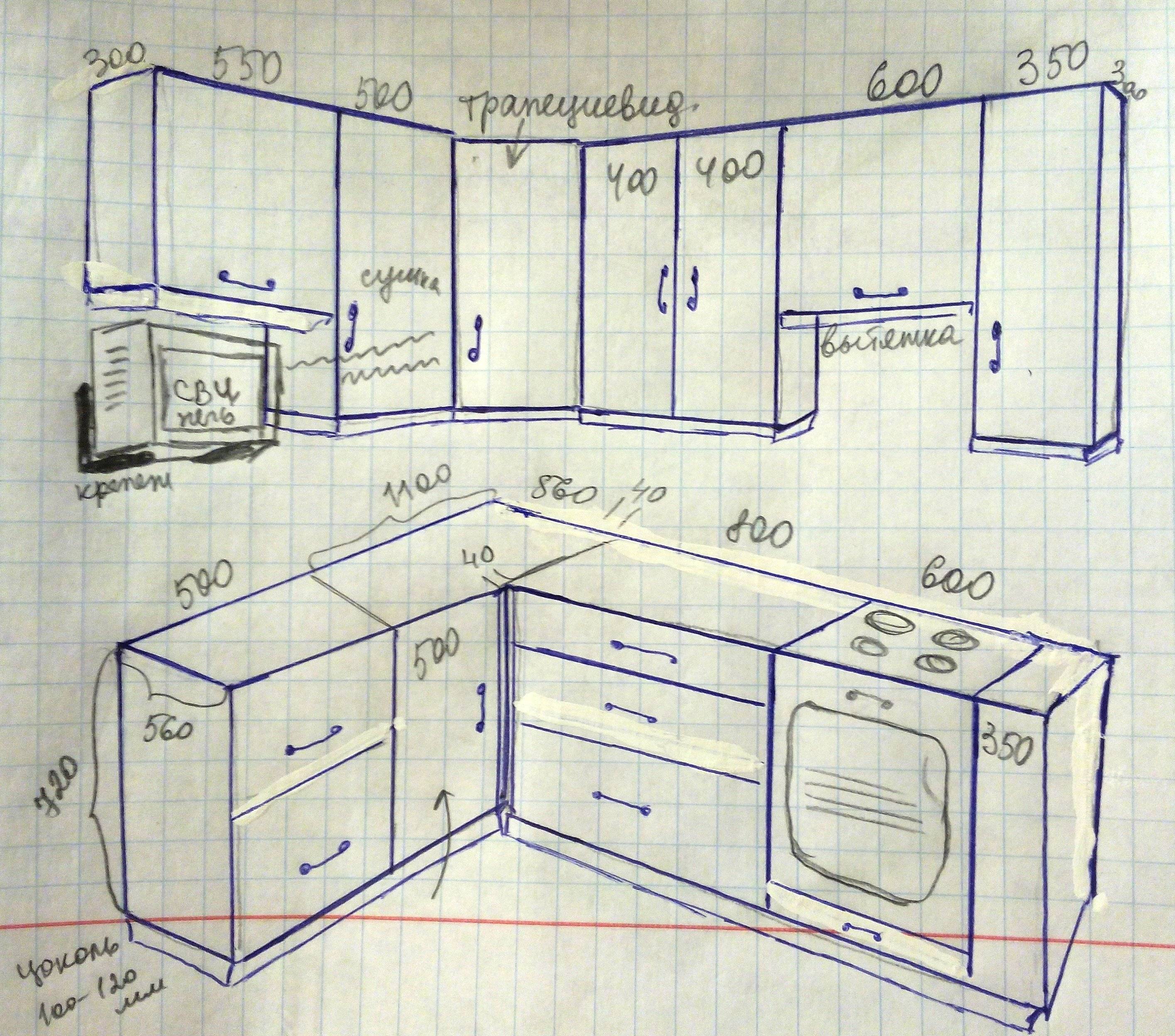 Чертеж кухни с размерами: как нарисовать его и сделать кухню самому?