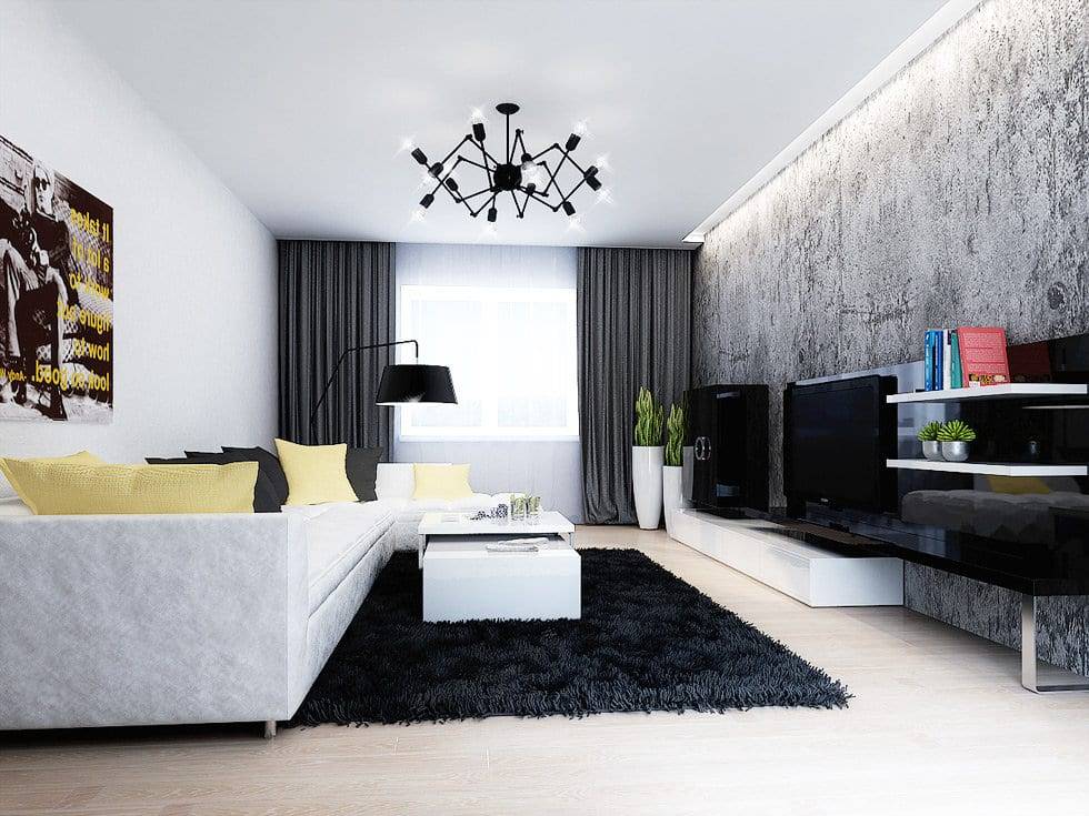 Черно-белый интерьер гостиной - фото дизайна