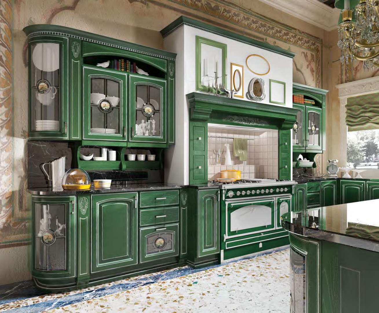 Дизайн яркой зеленой кухни 14 кв.м в классическом стиле с пилястрами. Встроенная техника