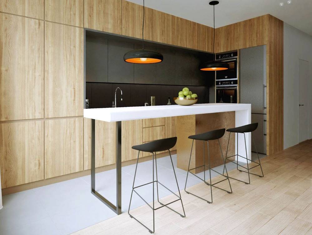 Мебель хай-тек: обеденный стол, кухонный гарнитур и шкафы в этом стиле
