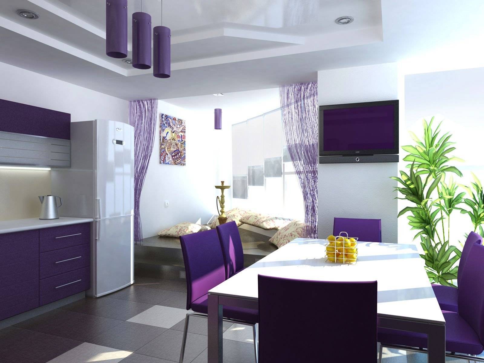 Дизайн фасада фиолетовой кухни в лиловых, желтых, серых, белых, черных тонах