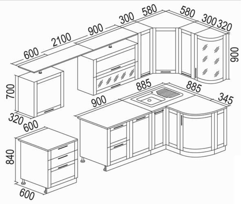 Чертежи и схемы кухонных шкафов с размерами