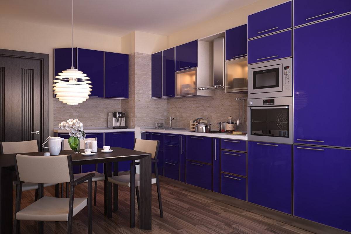 Дизайн интерьера кухни в синем цвете с белым, желтым, голубым, темным тоном
