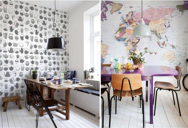 Фотообои 3d моющиеся в интерьере кухни возле стола, красивые современные и классические идеи для дизайна стен, как выбрать