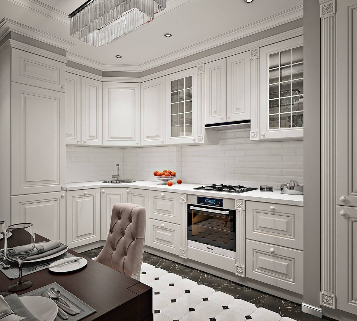 Неоклассика в интерьере кухни: реальные фото в квартире в белом цвете, дизайн данного стиля, угловая кухня совмещенная с гостиной