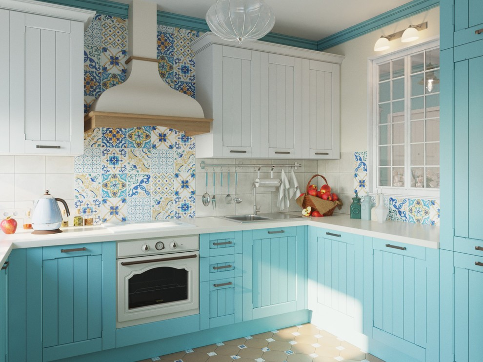 Голубая кухня: гарнитур в бело-голубых тонах в интерьере, с серыми стенами
