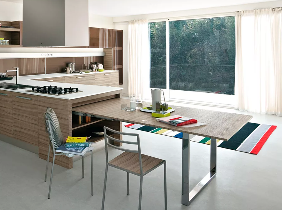 Встроенный выдвижной кухонный стол: модели и особенности