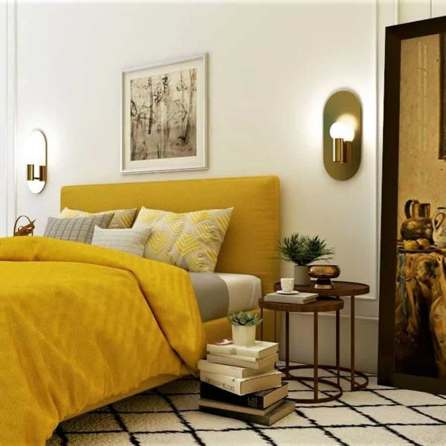 Желтая спальня: оформление интерьера комнаты в оранжевых тонах, цвет потолка