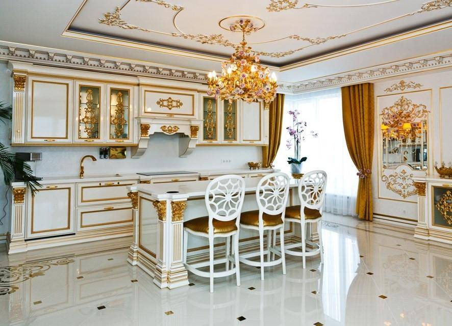 Кухни в стиле барокко, с гостиной, мебель, декорирование, фото в интерьере