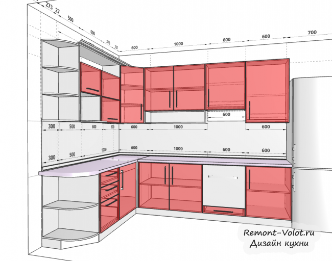 Дизайн-проект красно-белой кухни 7,7 кв м с холодильником
