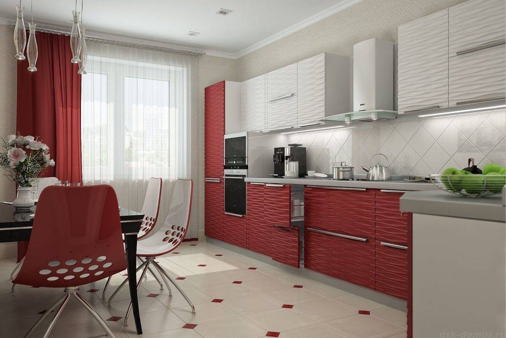 Дизайн кухни в красно-белом цвете