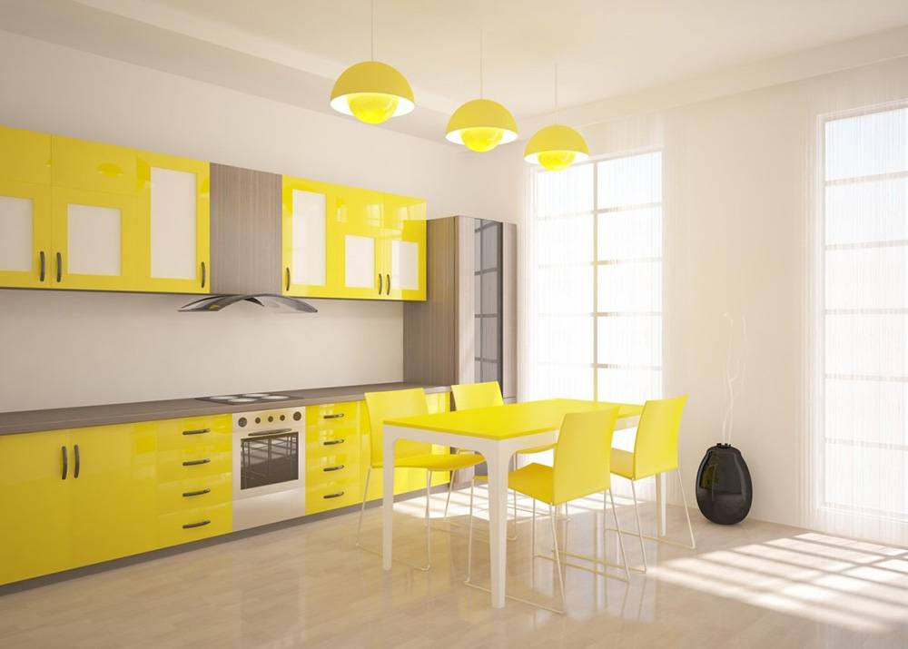 Дизайн маленькой кухни в желтом цвете: сочетание черного, белого и серого цветов