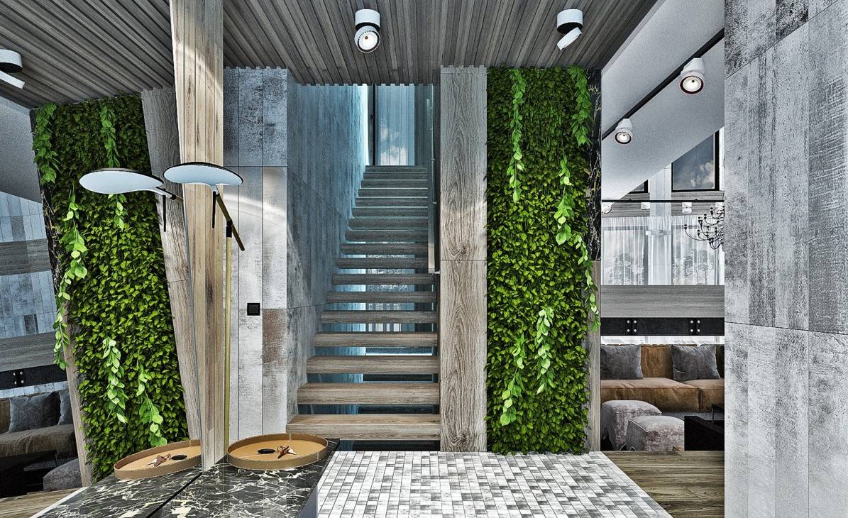 Московская квартира кети топурии без кухни, с зеленью на стенах и бетонной ванной - модный интерьер