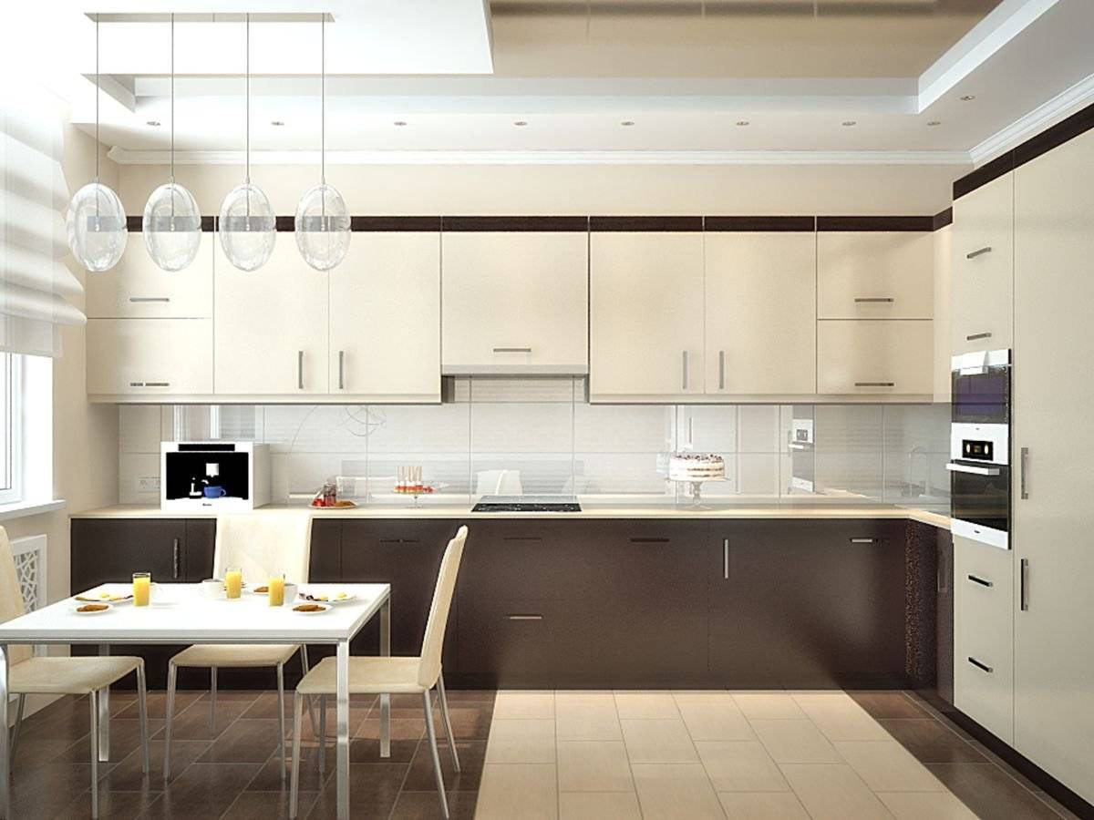 Коричневая кухня: гарнитур в коричневых тонах, белый цвет стен с темным гарнитуром
 - 24 фото