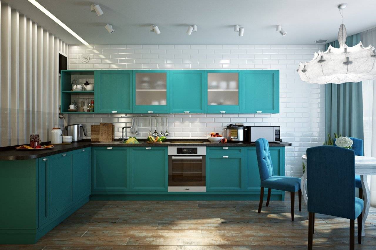 Бирюзовая кухня: дизайн, сочетание цветов, стили и интерьер (40 фото)